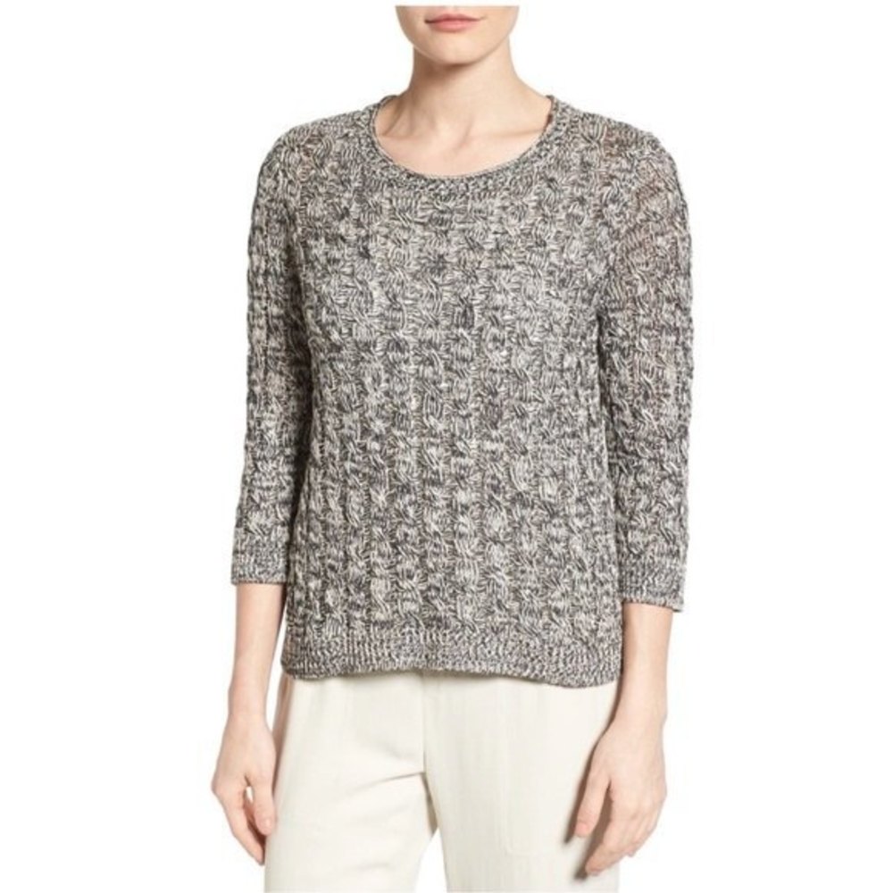 Eileen Fisher Organic Cotton Cable Knit Sweater Crewneck Pullover Black White PL